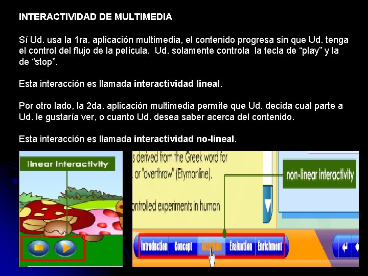 INTERACTIVIDAD DE MULTIMEDIA Sí Ud. usa la 1 ra. aplicación multimedia, el contenido progresa