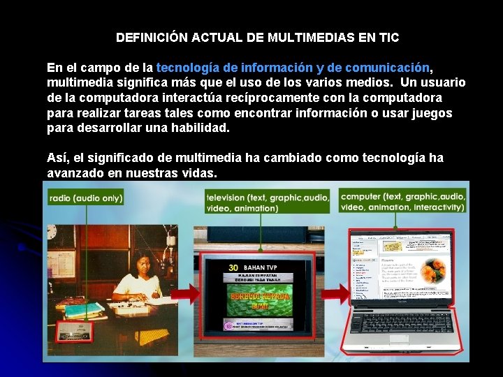 DEFINICIÓN ACTUAL DE MULTIMEDIAS EN TIC En el campo de la tecnología de información