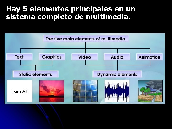 Hay 5 elementos principales en un sistema completo de multimedia. 