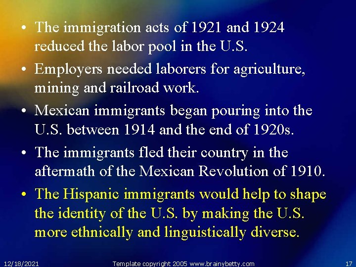  • The immigration acts of 1921 and 1924 reduced the labor pool in