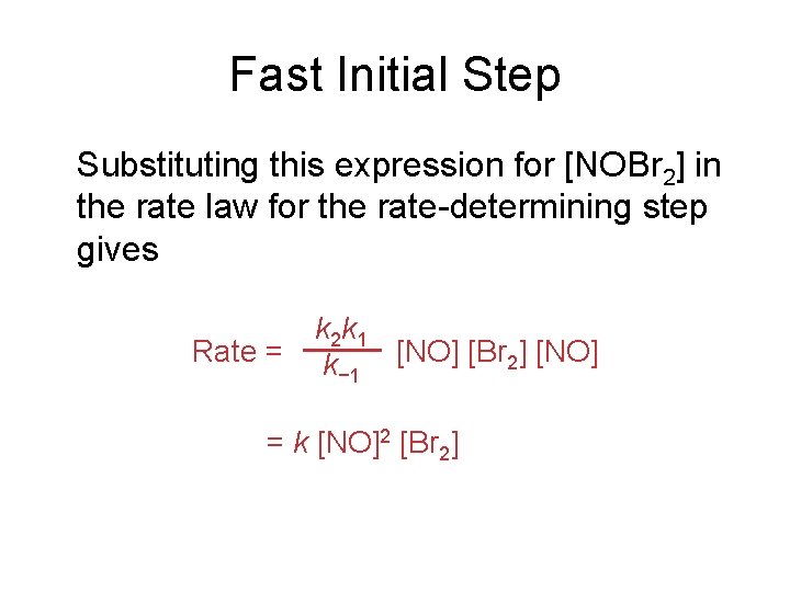 Fast Initial Step Substituting this expression for [NOBr 2] in the rate law for