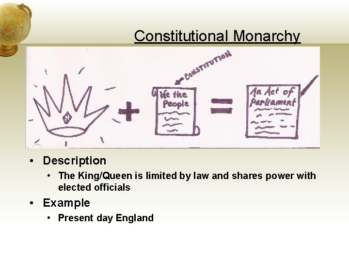 Constitutional Monarchy • Description • The King/Queen is limited by law and shares power