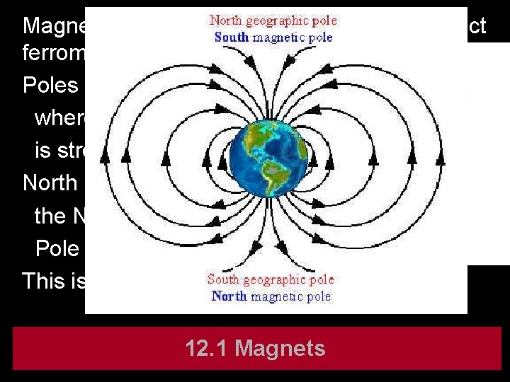 Magnets – produce magnetic fields and attract ferromagnetic elements Poles – ends of magnets