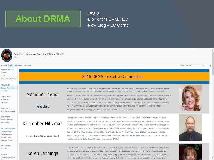 About DRMA Details: • Bios of the DRMA EC • New Blog – EC