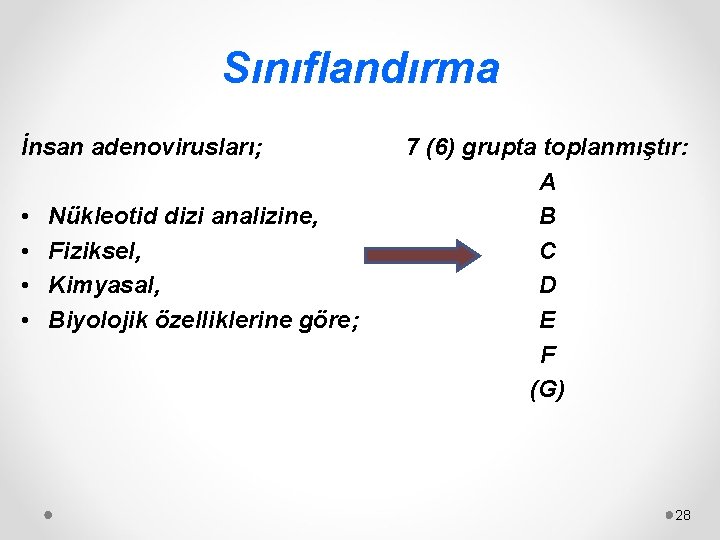 Sınıflandırma İnsan adenovirusları; • • Nükleotid dizi analizine, Fiziksel, Kimyasal, Biyolojik özelliklerine göre; 7