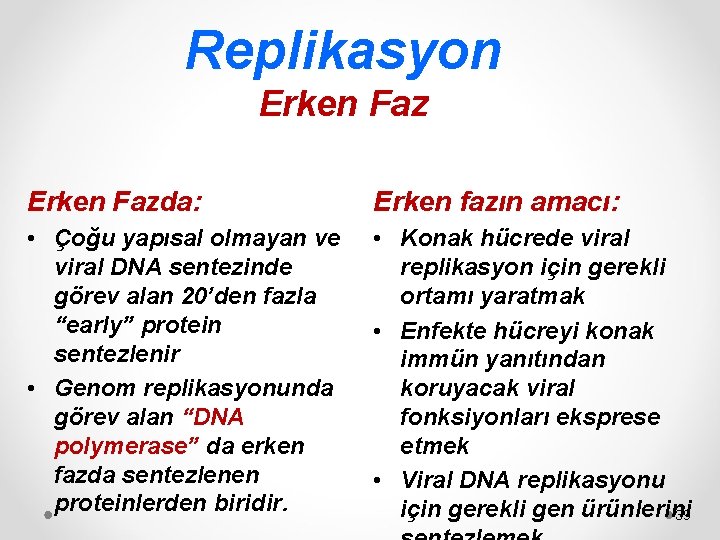 Replikasyon Erken Fazda: Erken fazın amacı: • Çoğu yapısal olmayan ve viral DNA sentezinde