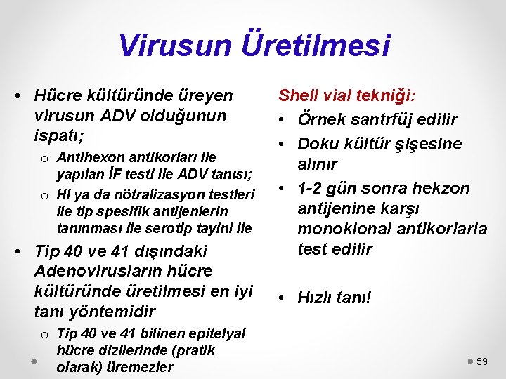 Virusun Üretilmesi • Hücre kültüründe üreyen virusun ADV olduğunun ispatı; o Antihexon antikorları ile