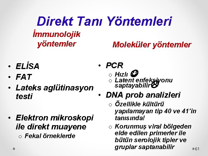 Direkt Tanı Yöntemleri İmmunolojik yöntemler Moleküler yöntemler • PCR • ELİSA o Hızlı •