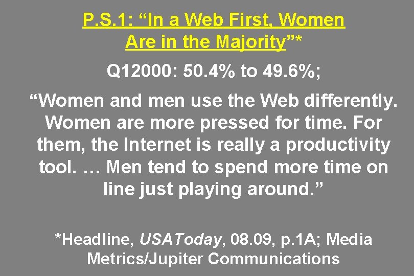 P. S. 1: “In a Web First, Women Are in the Majority”* Q 12000: