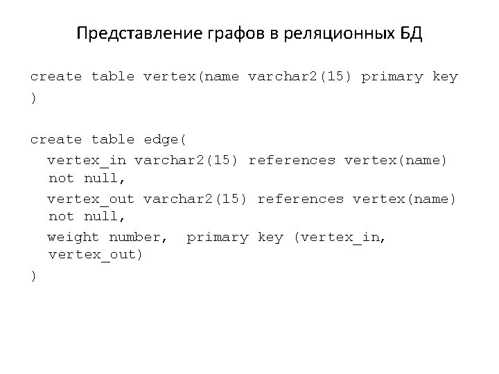 Представление графов в реляционных БД create table vertex(name varchar 2(15) primary key ) create