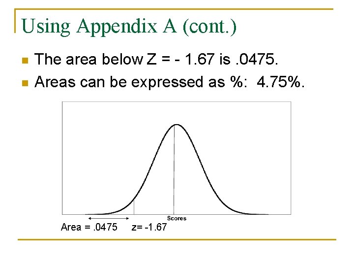 Using Appendix A (cont. ) n n The area below Z = - 1.