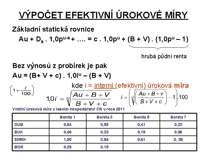 VÝPOČET EFEKTIVNÍ ÚROKOVÉ MÍRY Základní statická rovnice Au + Da. 1, 0 pu-a +