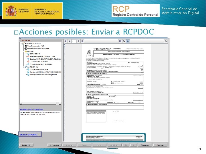 Secretaría General de Administración Digital � Acciones posibles: Enviar a RCPDOC 19 