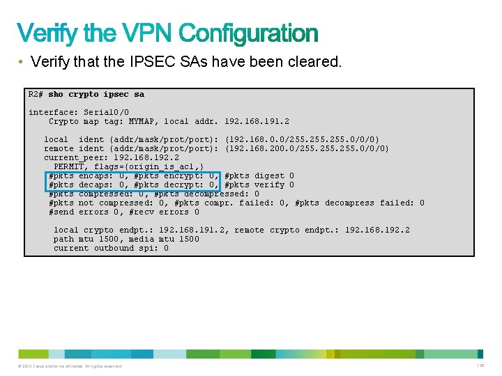  • Verify that the IPSEC SAs have been cleared. R 2# sho crypto