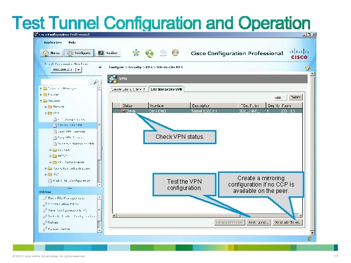 Check VPN status. Test the VPN configuration. © 2012 Cisco and/or its affiliates. All