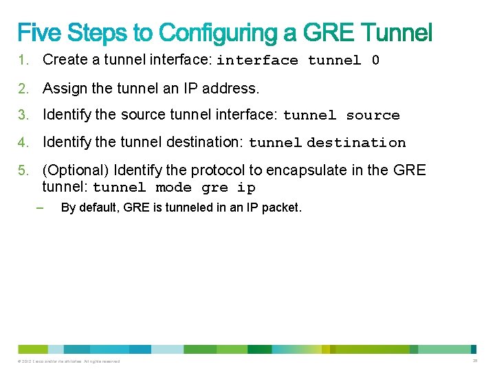 1. Create a tunnel interface: interface tunnel 0 2. Assign the tunnel an IP