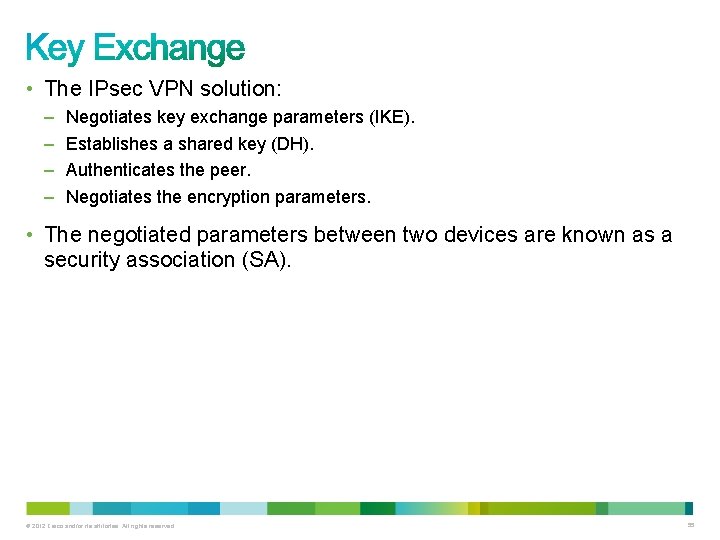  • The IPsec VPN solution: – – Negotiates key exchange parameters (IKE). Establishes