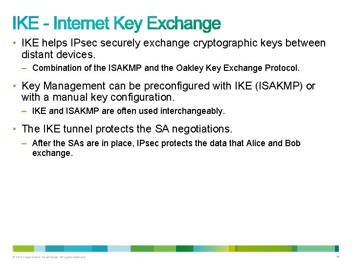  • IKE helps IPsec securely exchange cryptographic keys between distant devices. – Combination