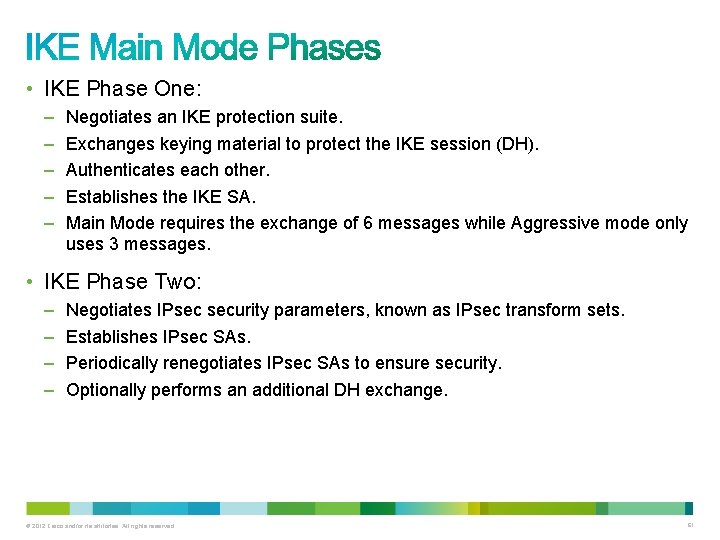  • IKE Phase One: – – – Negotiates an IKE protection suite. Exchanges