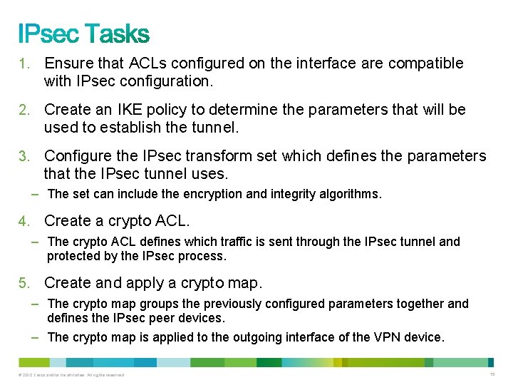 1. Ensure that ACLs configured on the interface are compatible with IPsec configuration. 2.