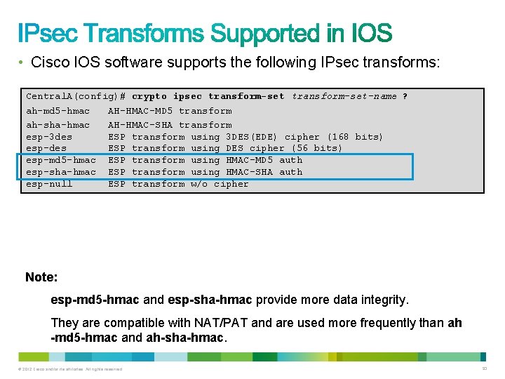  • Cisco IOS software supports the following IPsec transforms: Central. A(config)# crypto ipsec