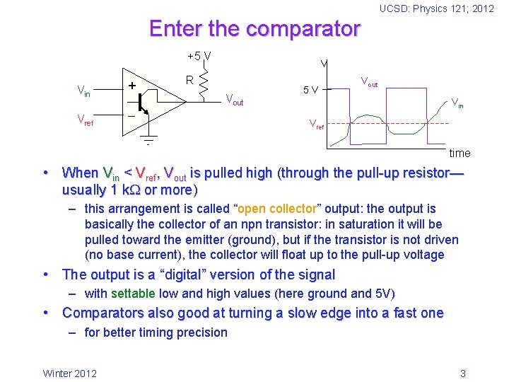 UCSD: Physics 121; 2012 Enter the comparator +5 V Vin + Vref V R