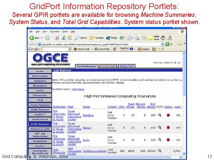 Grid. Port Information Repository Portlets: Several GPIR portlets are available for browsing Machine Summaries,