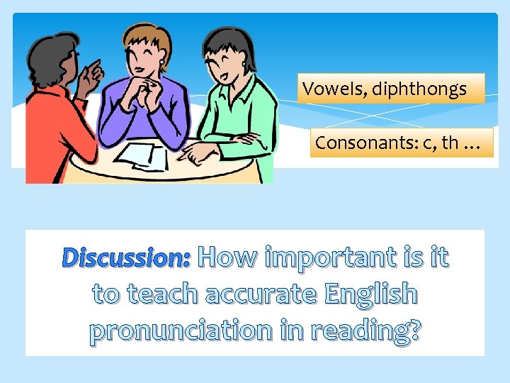 Vowels, diphthongs Consonants: c, th … Discussion: How important is it to teach accurate