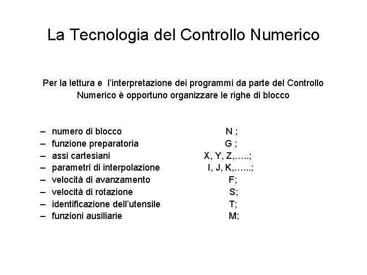 La Tecnologia del Controllo Numerico Per la lettura e l’interpretazione dei programmi da parte