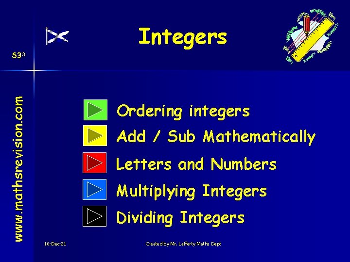 Integers www. mathsrevision. com S 33 Ordering integers Add / Sub Mathematically Letters and