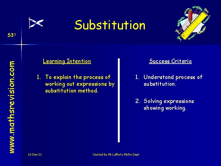 Substitution www. mathsrevision. com S 33 Learning Intention Success Criteria 1. To explain the