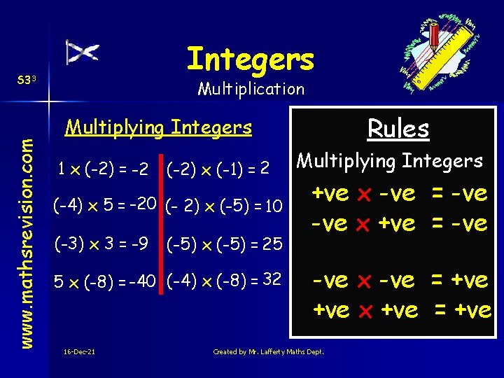 Integers www. mathsrevision. com S 33 Multiplication Rules Multiplying Integers 1 x (-2) =