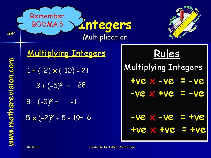 Remember BODMAS Integers www. mathsrevision. com S 33 Multiplication Rules Multiplying Integers 1 +