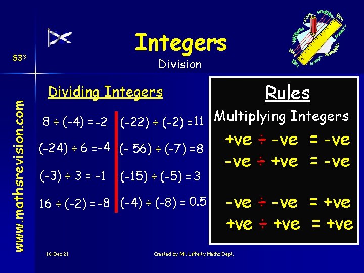 Integers www. mathsrevision. com S 33 Division Rules Dividing Integers 8 ÷ (-4) =