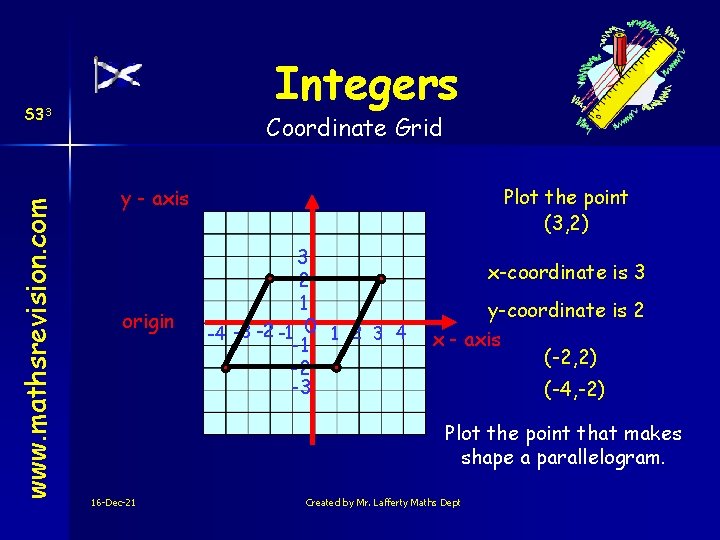 Integers www. mathsrevision. com S 33 Coordinate Grid Plot the point (3, 2) y