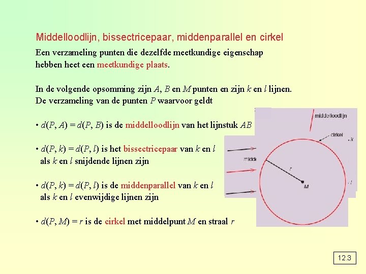 Middelloodlijn, bissectricepaar, middenparallel en cirkel Een verzameling punten die dezelfde meetkundige eigenschap hebben heet