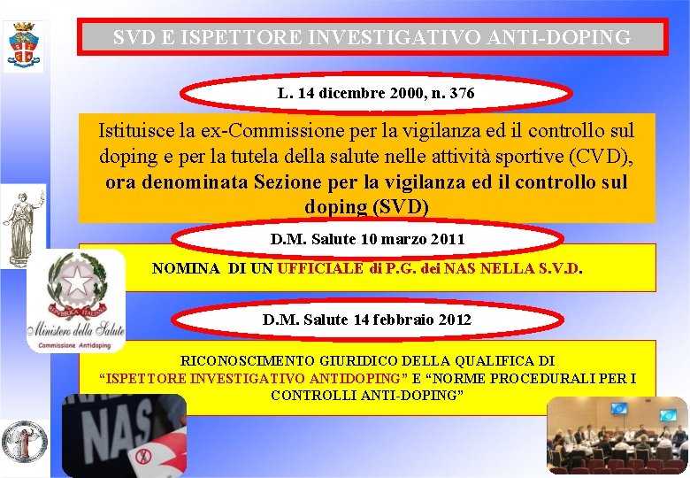 SVD E ISPETTORE INVESTIGATIVO ANTI-DOPING L. 14 dicembre 2000, n. 376 Istituisce la ex-Commissione