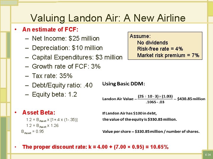 Valuing Landon Air: A New Airline • An estimate of FCF: – – –