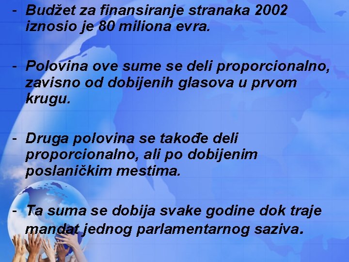 - Budžet za finansiranje stranaka 2002 iznosio je 80 miliona evra. - Polovina ove