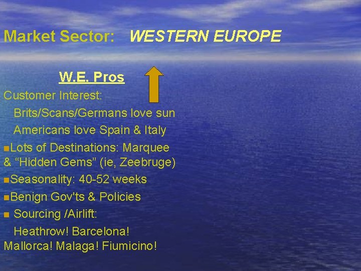 Market Sector: WESTERN EUROPE W. E. Pros Customer Interest: Brits/Scans/Germans love sun Americans love