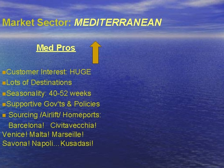 Market Sector: MEDITERRANEAN Med Pros n. Customer Interest: HUGE n. Lots of Destinations n.