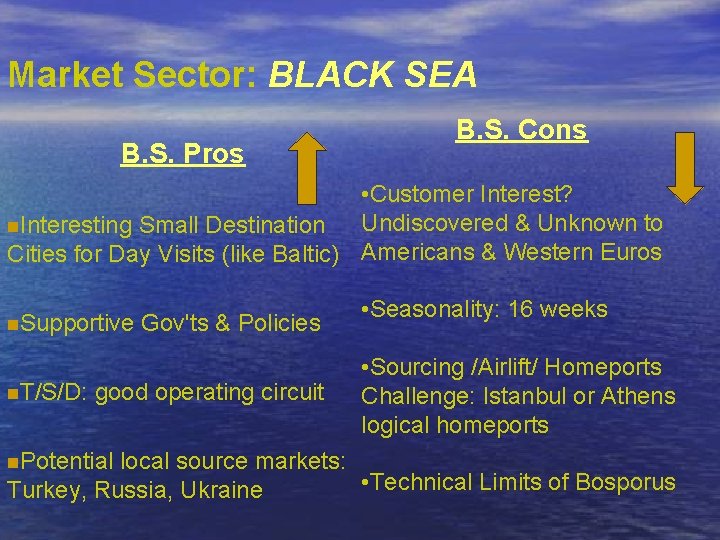 Market Sector: BLACK SEA B. S. Pros B. S. Cons • Customer Interest? Undiscovered