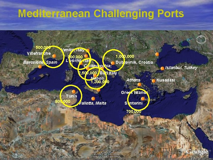 Mediterranean Challenging Ports 500, 000 Villefranche Venice, Italy Barcelona, Spain 1, 000 800, 000