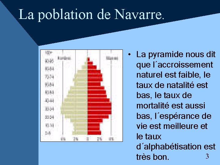 La poblation de Navarre. • La pyramide nous dit que l´accroissement naturel est faible,