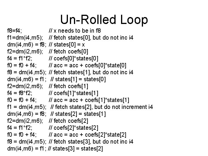 Un-Rolled Loop f 8=f 4; // x needs to be in f 8 f