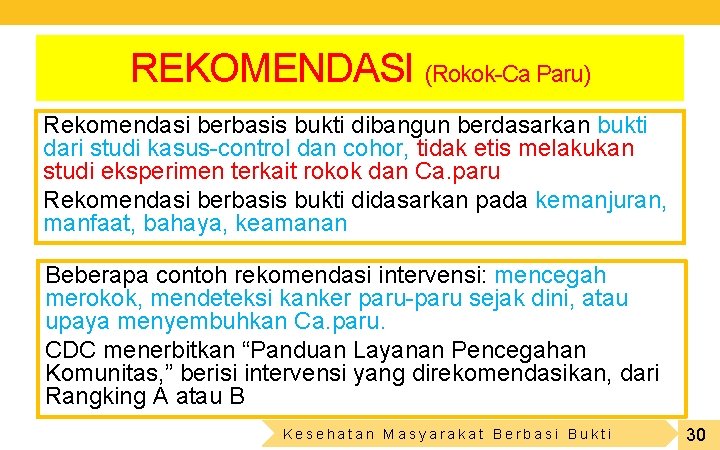 REKOMENDASI (Rokok-Ca Paru) Rekomendasi berbasis bukti dibangun berdasarkan bukti dari studi kasus-control dan cohor,