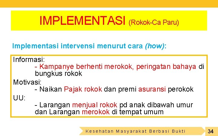 IMPLEMENTASI (Rokok-Ca Paru) Implementasi intervensi menurut cara (how): Informasi: - Kampanye berhenti merokok, peringatan