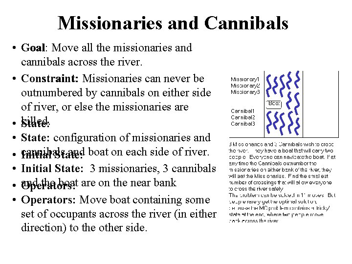 Missionaries and Cannibals • Goal: Move all the missionaries and cannibals across the river.
