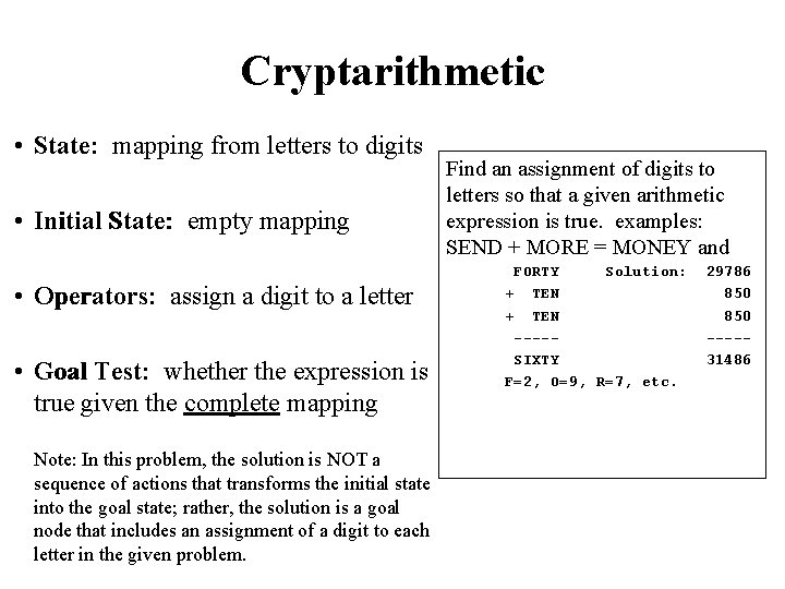 Cryptarithmetic • State: mapping from letters to digits • Initial State: empty mapping •