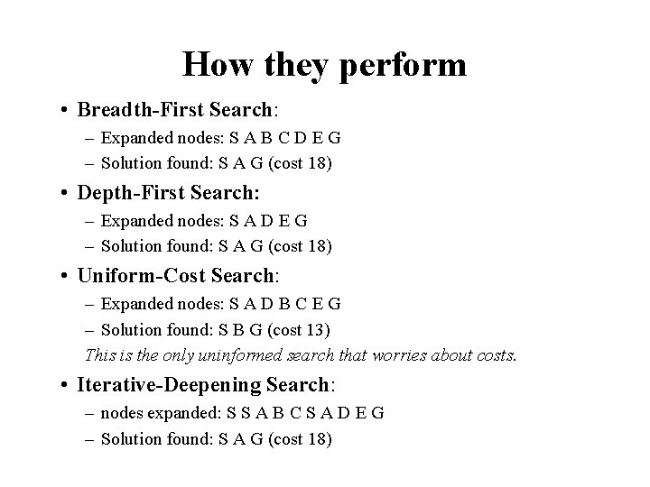 How they perform • Breadth-First Search: – Expanded nodes: S A B C D